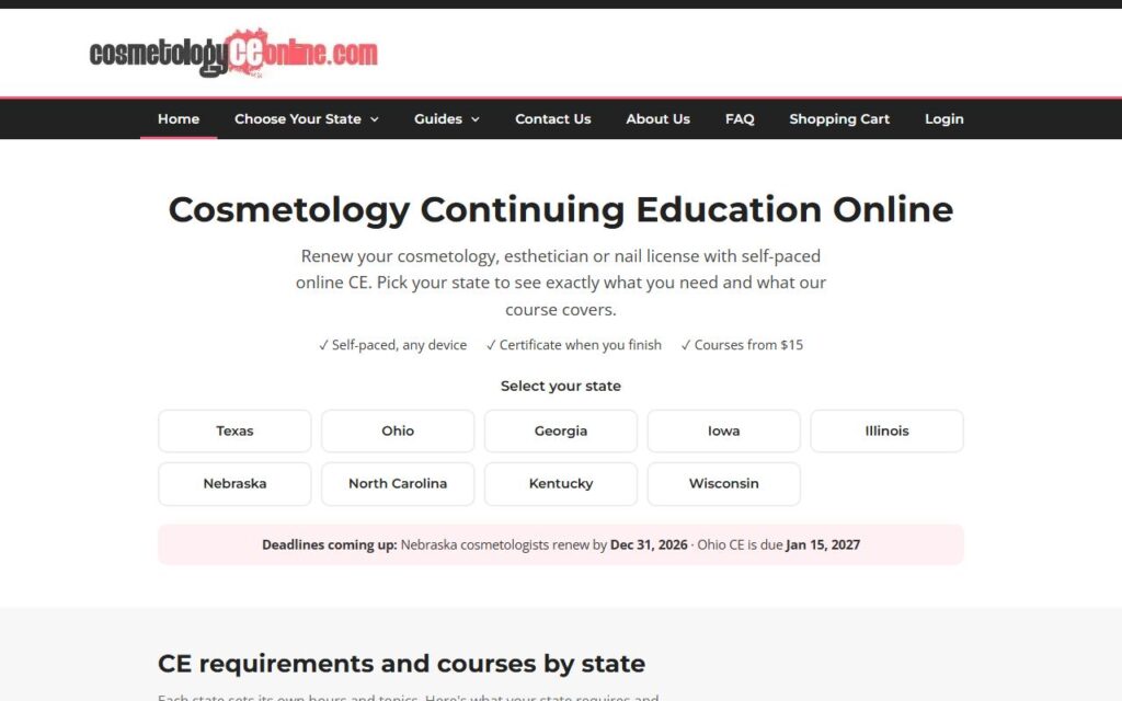 CosmetologyCeOnline.com homepage, an online cosmetology CE site built by Root Road