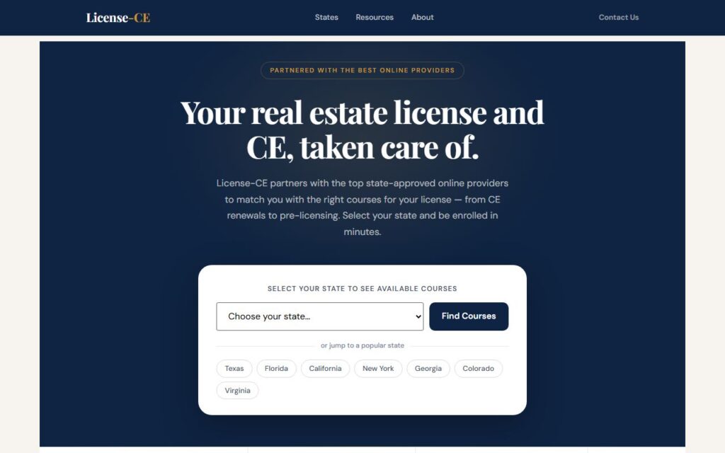 License-CE.com homepage, a real estate license and CE guide built by Root Road