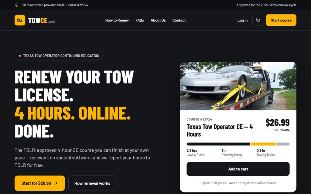 TowCe.com homepage, a Texas tow operator CE site built by Root Road